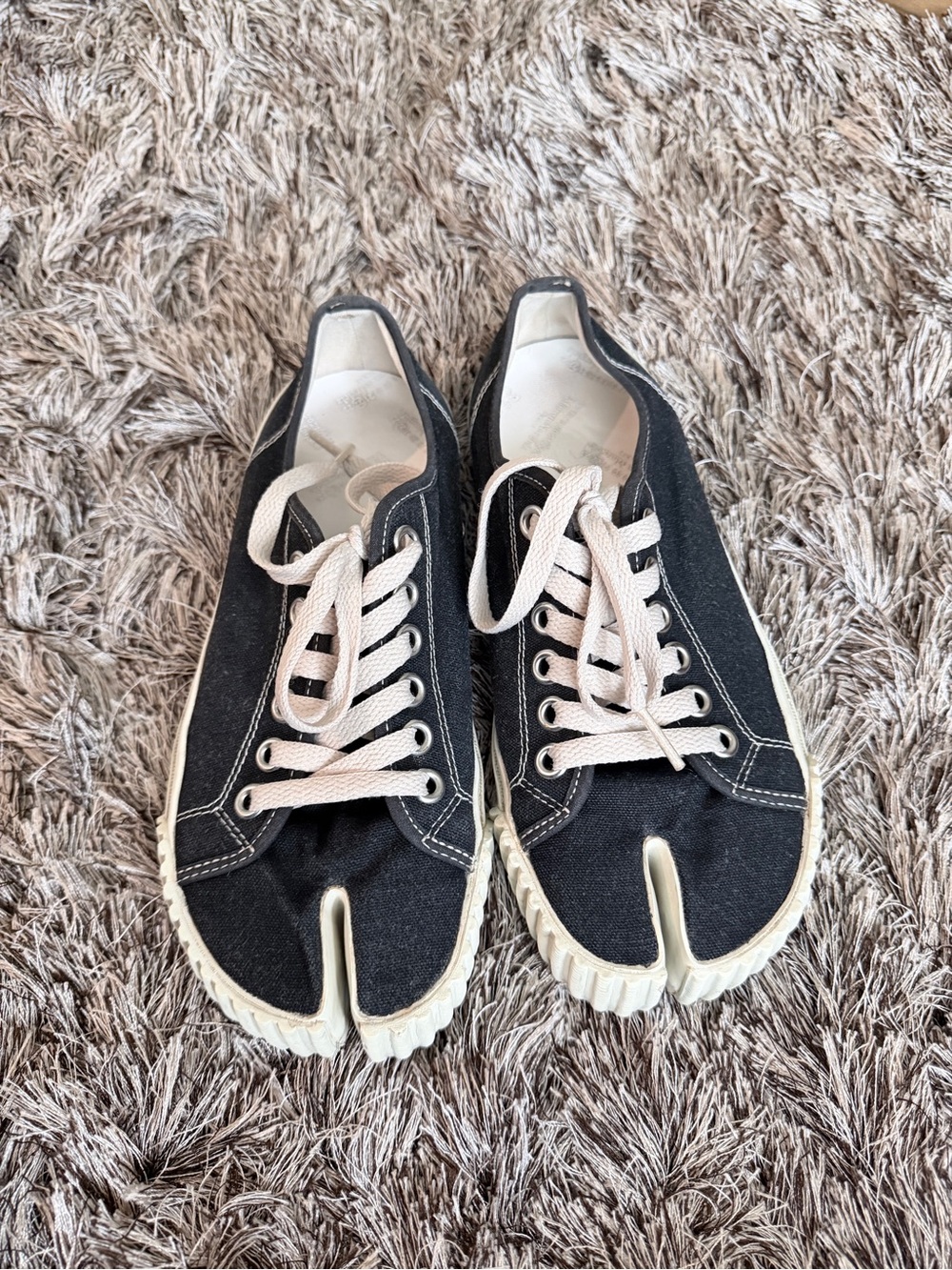 Mason Margiela Black Split-Toe Canvas Sneakers with Off-White Laces